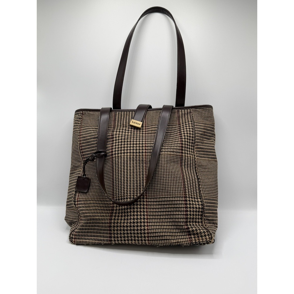 Lauren Ralph Lauren Houndstooth Plaid Wool Tote Bag Brown Leather Trim AS IS